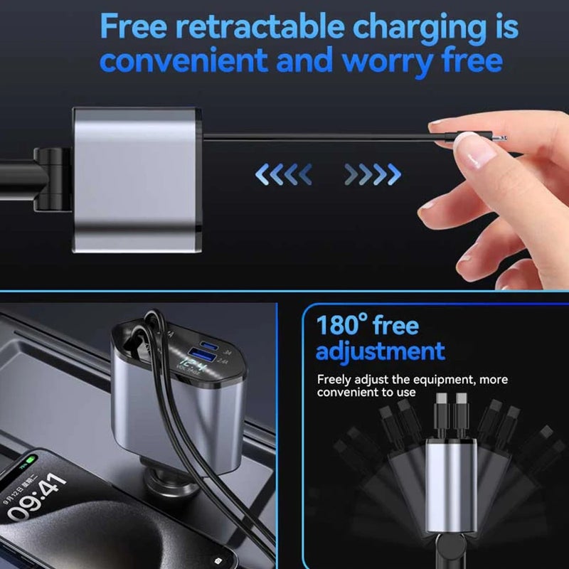 Bluejw Retractable Car Charger 4 in 1 - Fast Charging Adapter with Retractable Cable & 2 USB Ports - Automobile Chargers for All Phones - Image 3